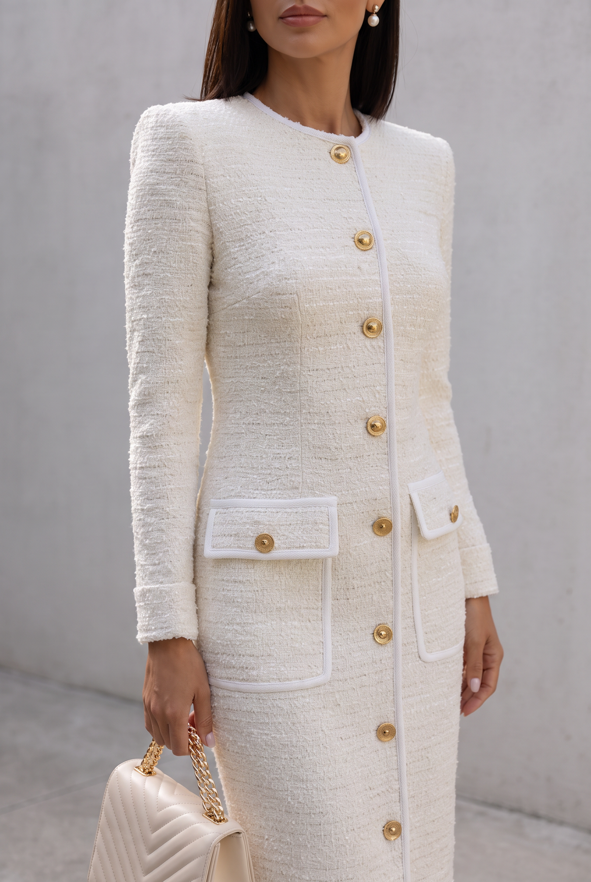 Ahtisa | Ivory Tweed Button-Down With Patch Pockets - Midi Dress