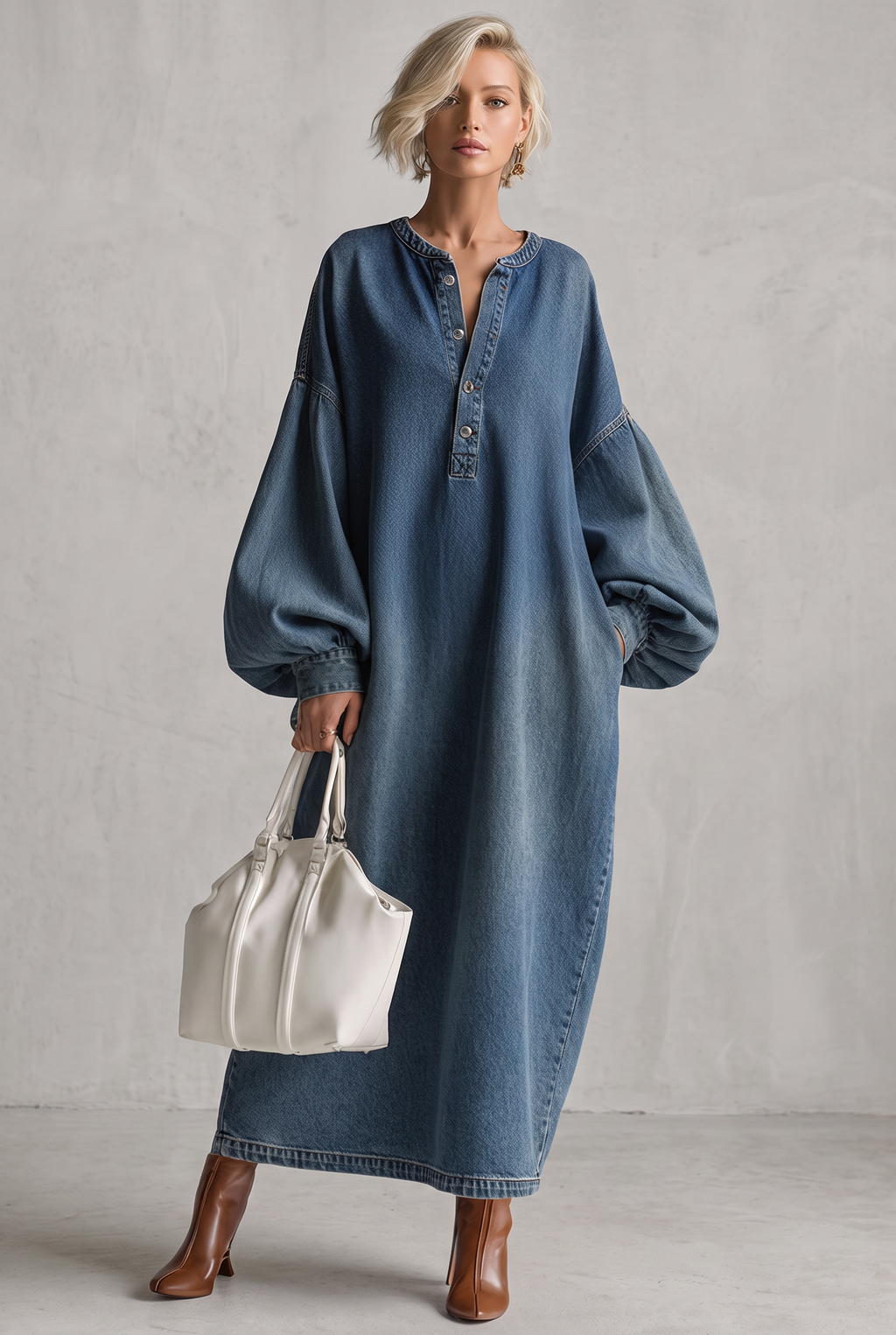 Salma | Elegant Urban-style Blue Denim Button-down Maxi Dress
