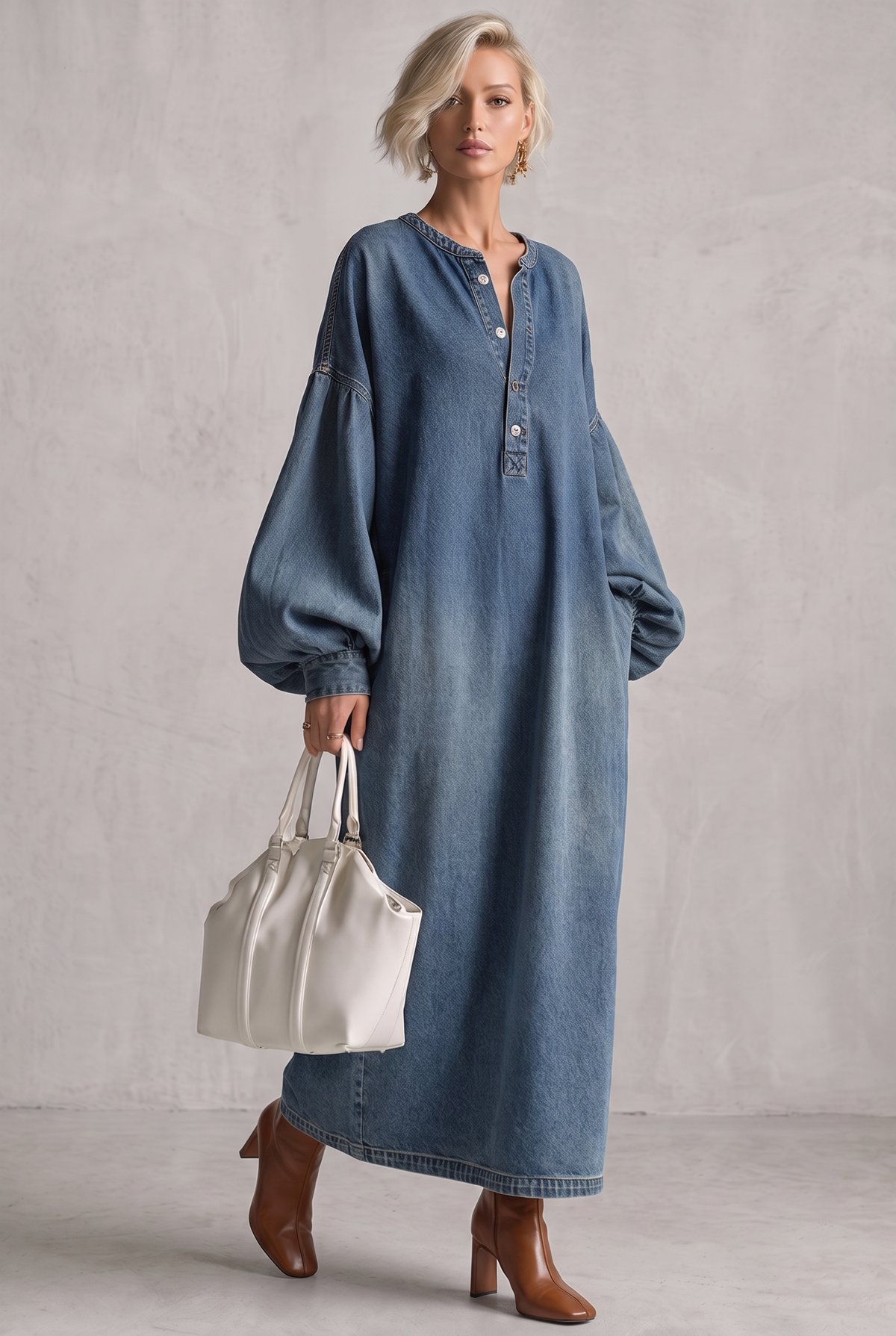 Salma | Elegant Urban-style Blue Denim Button-down Maxi Dress