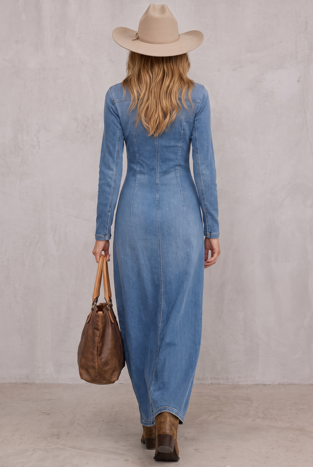 Agape | V-neck Single-breasted Side-slit Denim Long-sleeved Maxi Dress
