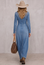 Agape | V-neck Single-breasted Side-slit Denim Long-sleeved Maxi Dress