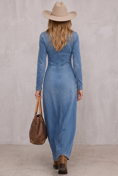 Agape | V-neck Single-breasted Side-slit Denim Long-sleeved Maxi Dress