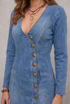 Agape | V-neck Single-breasted Side-slit Denim Long-sleeved Maxi Dress