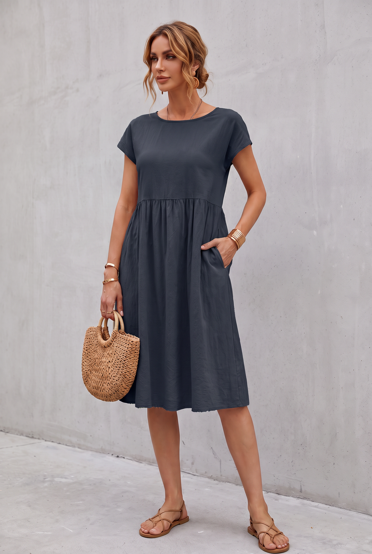 Isabella Moreau | Effortless Linen Look Midi Dress For Women
