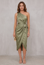 Christabel Ushham | Sage Satin One Shoulder Cocktail Dress For Women