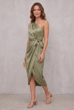 Christabel Ushham | Sage Satin One Shoulder Cocktail Dress For Women