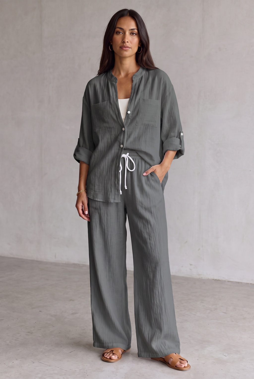 Harriet Campbell | Linen Look Wide Leg Two Piece Set For Women
