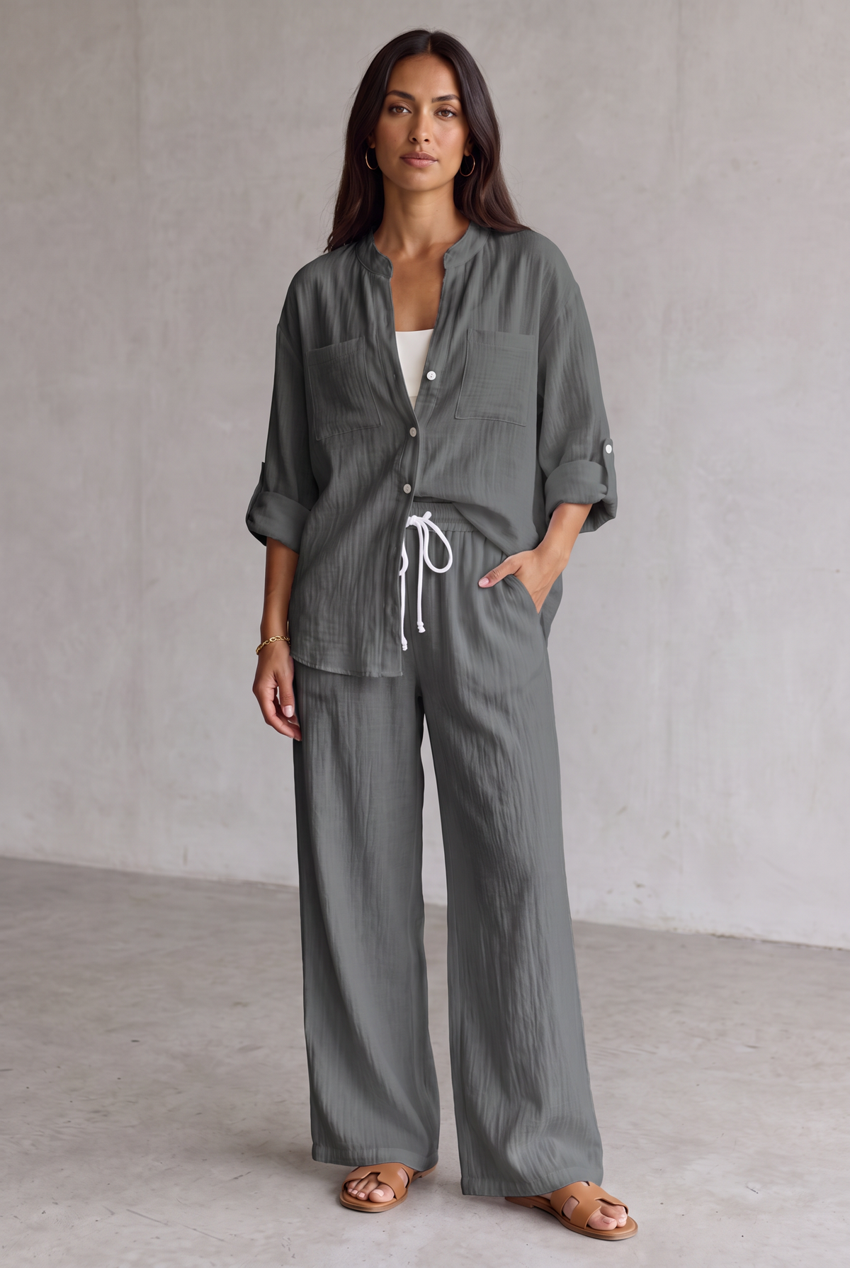Harriet Campbell | Linen Look Wide Leg Two Piece Set For Women