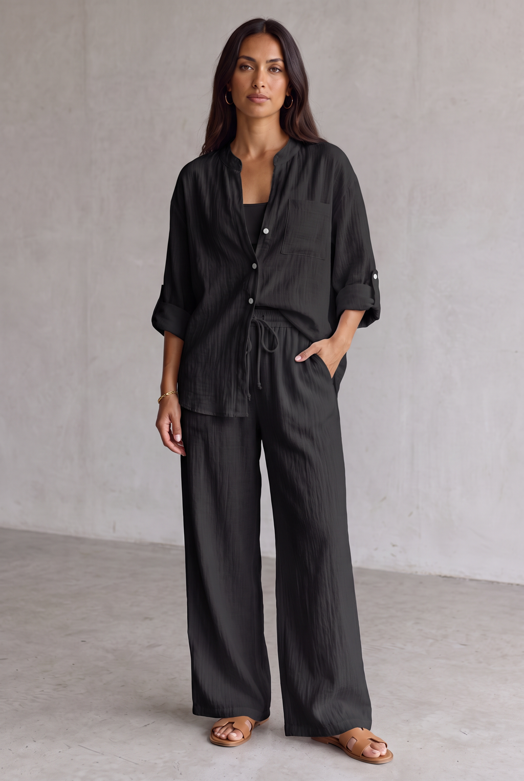 Harriet Campbell | Linen Look Wide Leg Two Piece Set For Women