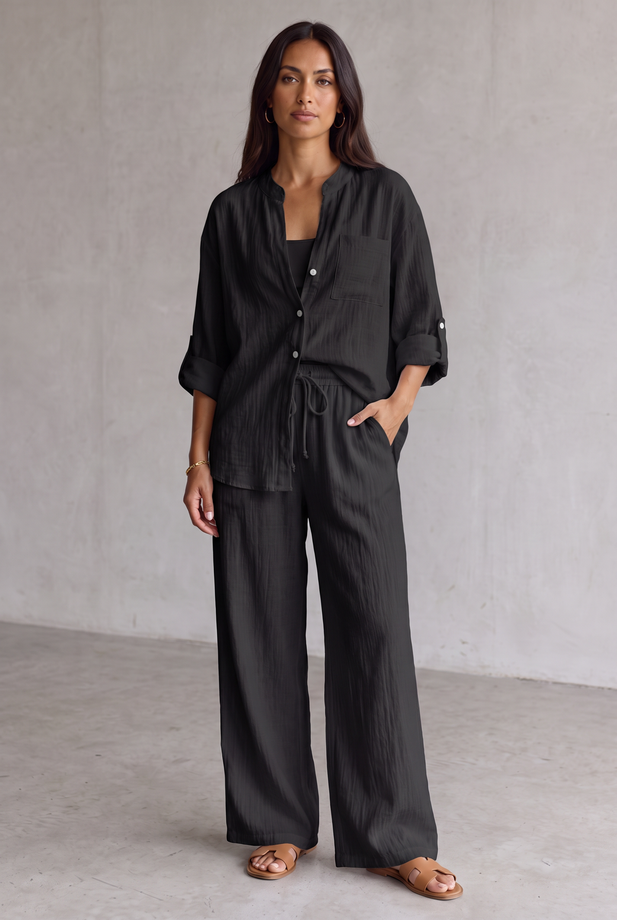 Harriet Campbell | Linen Look Wide Leg Two Piece Set For Women