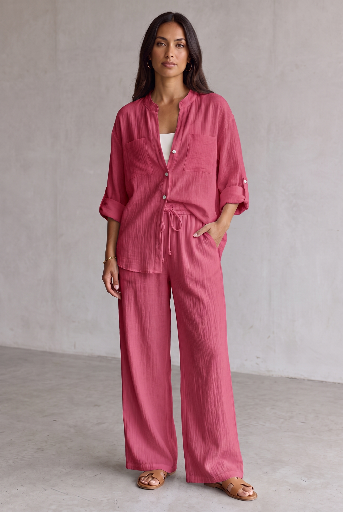 Harriet Campbell | Linen Look Wide Leg Two Piece Set For Women