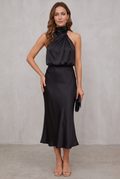 Ava | Women's Satin Halter Neck Cocktail Party Dress Midi Length