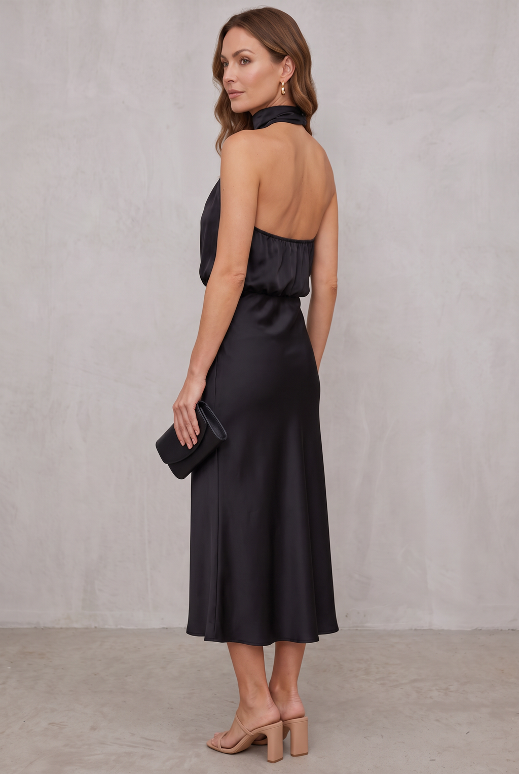 Ava | Women's Satin Halter Neck Cocktail Party Dress Midi Length