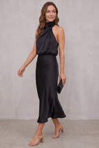 Ava | Women's Satin Halter Neck Cocktail Party Dress Midi Length