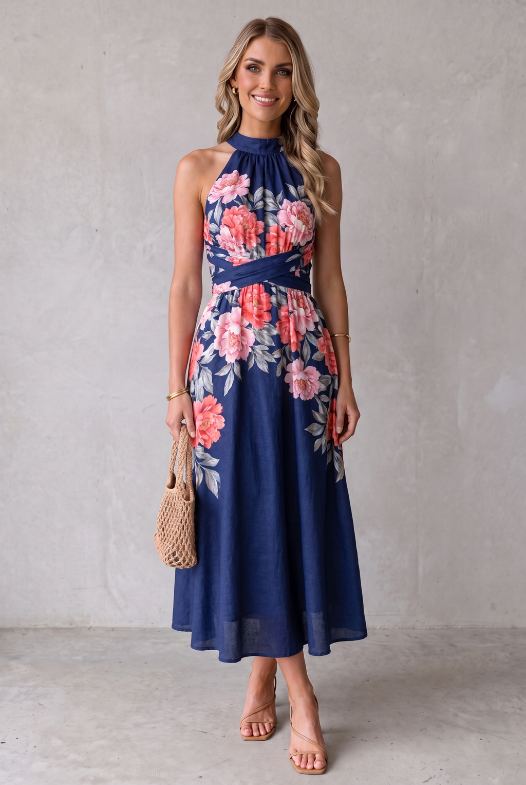 Sienna | Women's Floral Halterneck Midi Cocktail Party Dress