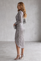 Mia | Women's Sequin Long-Sleeve V-Neck Cocktail Party Dress Front Split