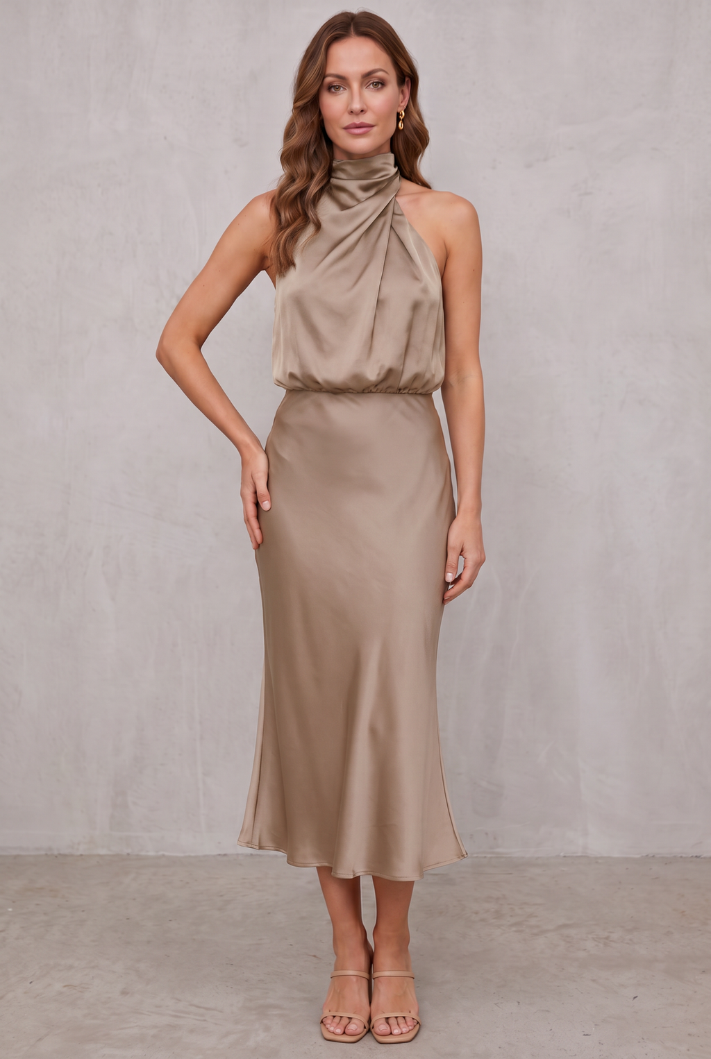 Ava | Women's Satin Halter Neck Cocktail Party Dress Midi Length