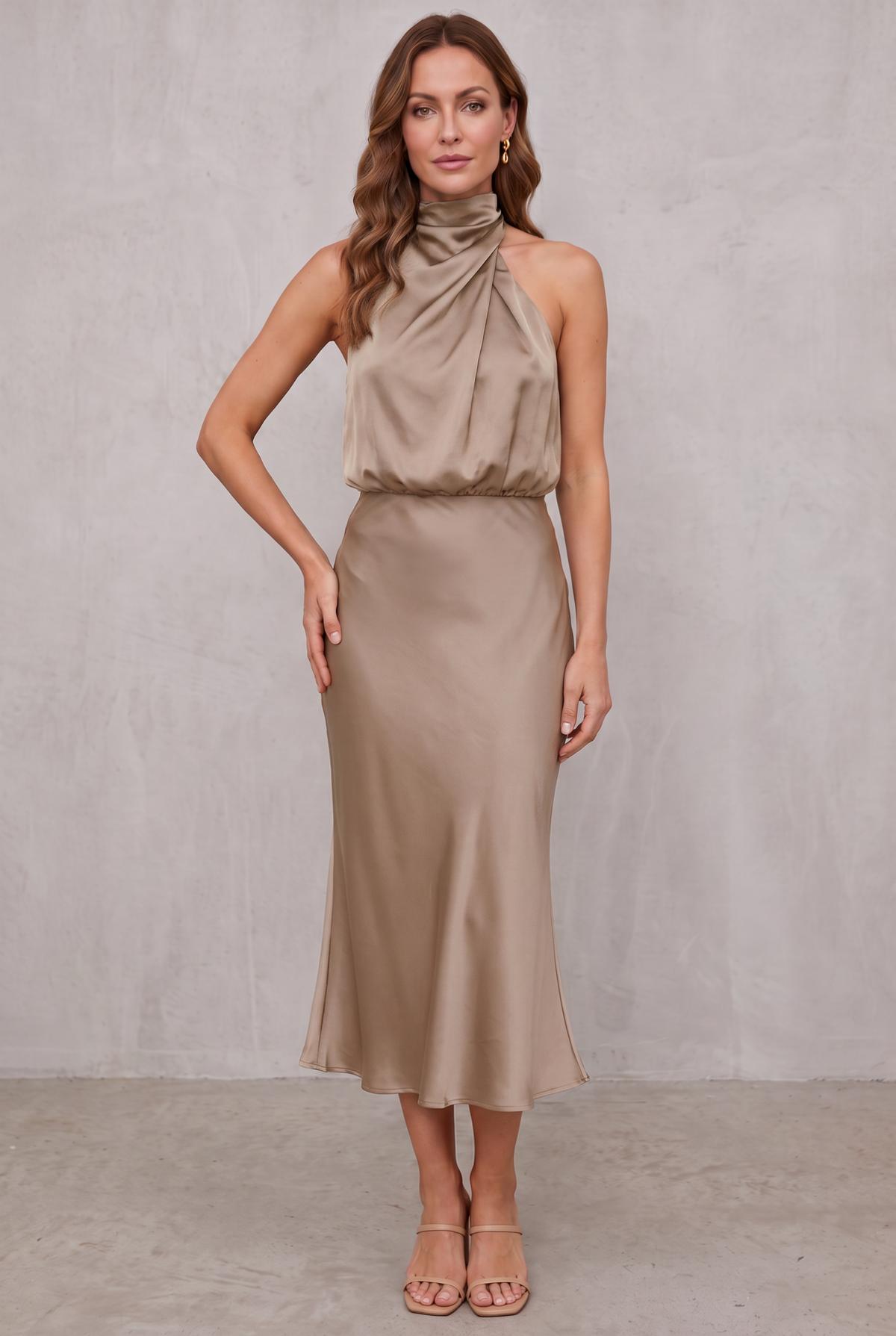 Ava | Women's Satin Halter Neck Cocktail Party Dress Midi Length