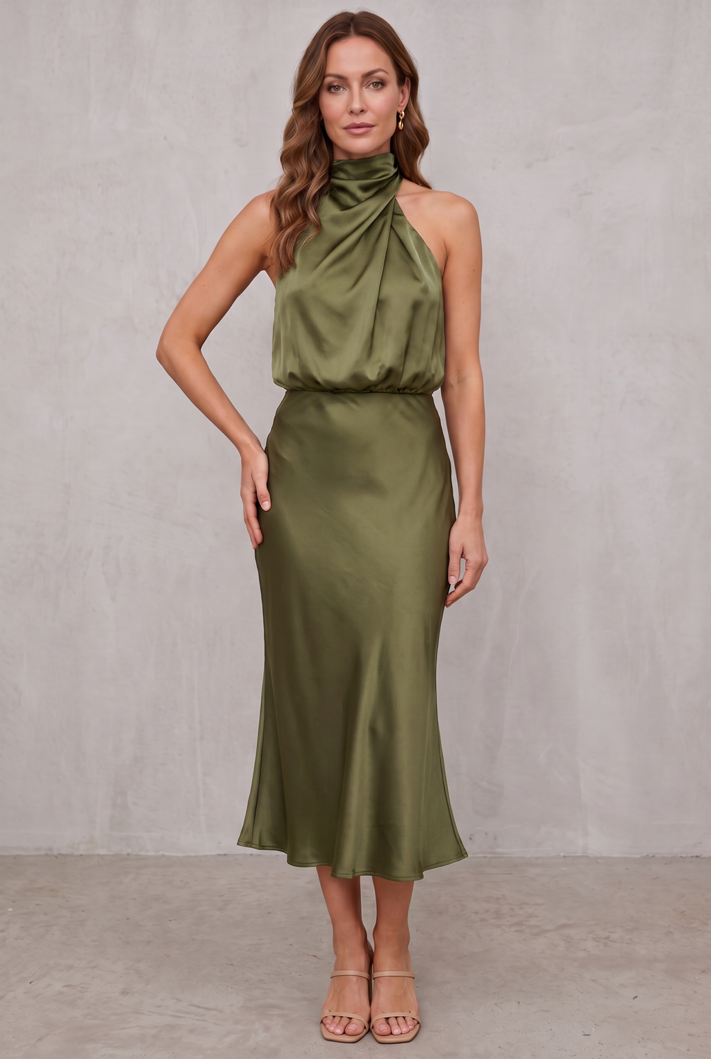 Ava | Women's Satin Halter Neck Cocktail Party Dress Midi Length