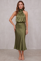 Ava | Women's Satin Halter Neck Cocktail Party Dress Midi Length
