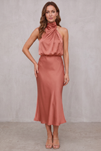 Ava | Women's Satin Halter Neck Cocktail Party Dress Midi Length