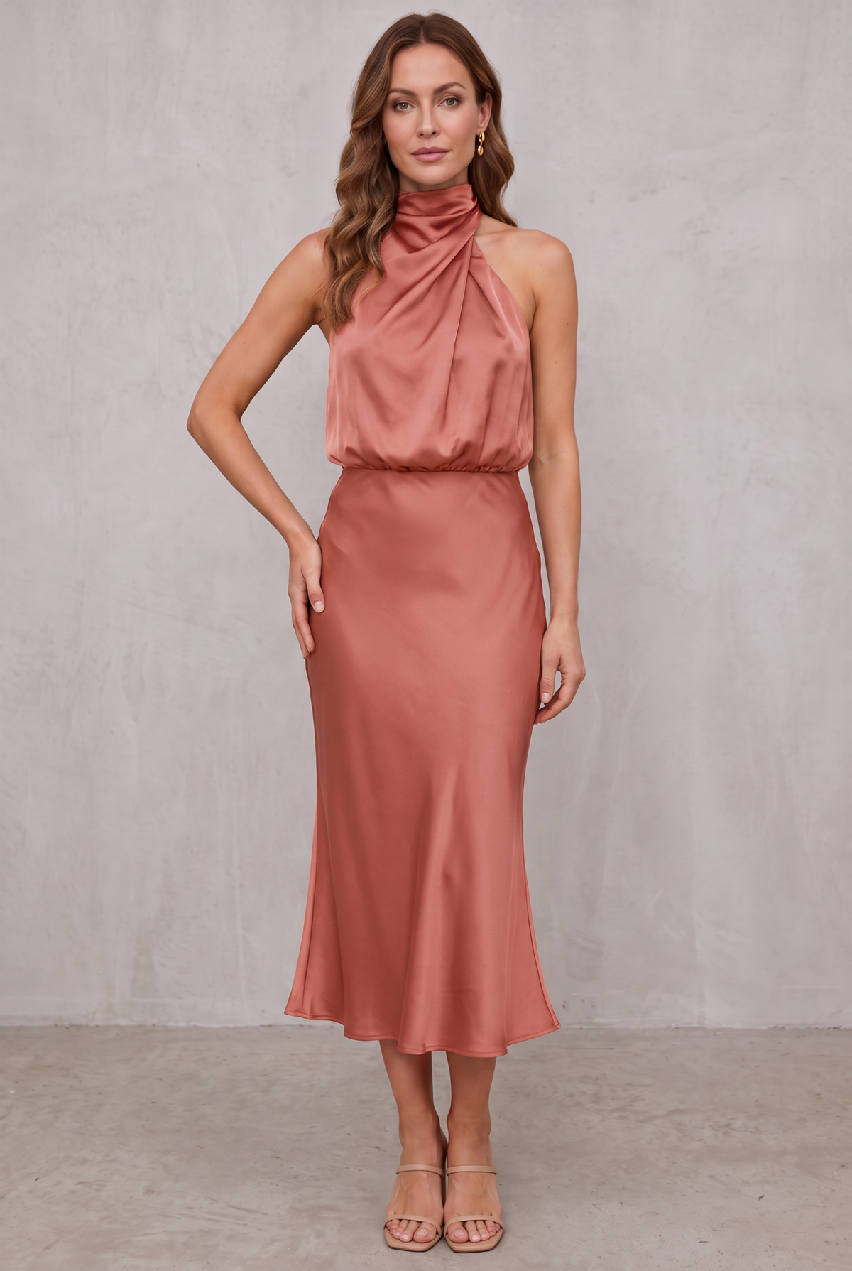 Ava | Women's Satin Halter Neck Cocktail Party Dress Midi Length