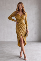 Mia | Women's Sequin Long-Sleeve V-Neck Cocktail Party Dress Front Split
