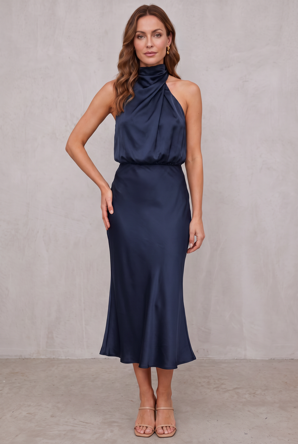 Ava | Women's Satin Halter Neck Cocktail Party Dress Midi Length