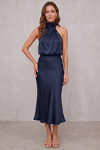 Ava | Women's Satin Halter Neck Cocktail Party Dress Midi Length
