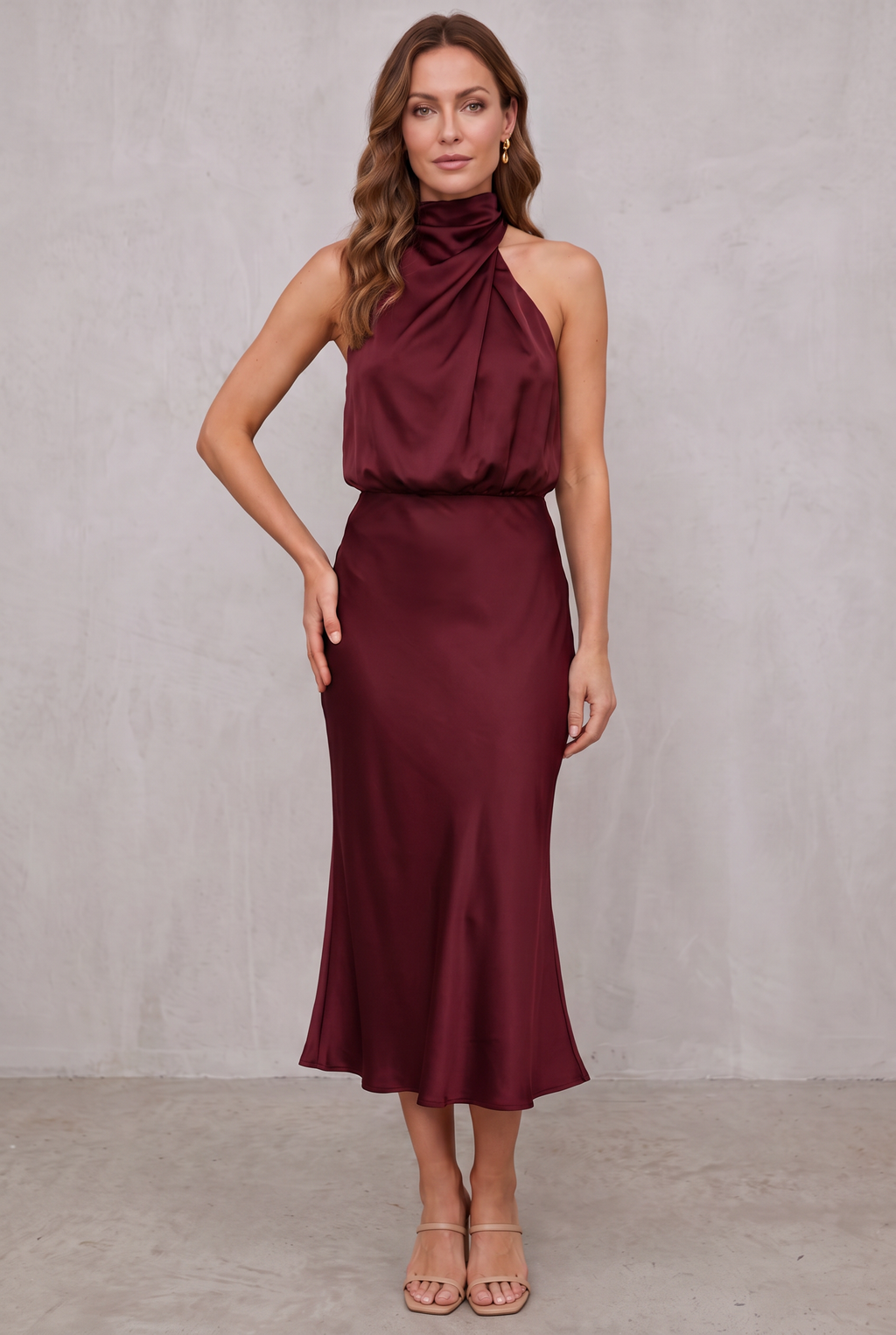 Ava | Women's Satin Halter Neck Cocktail Party Dress Midi Length