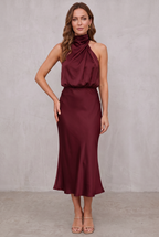 Ava | Women's Satin Halter Neck Cocktail Party Dress Midi Length
