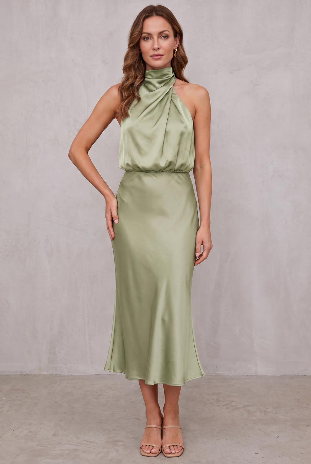 Ava | Women's Satin Halter Neck Cocktail Party Dress Midi Length