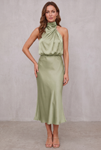 Ava | Women's Satin Halter Neck Cocktail Party Dress Midi Length