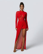 Cypress | Draped Side Split Mesh Maxi Dress